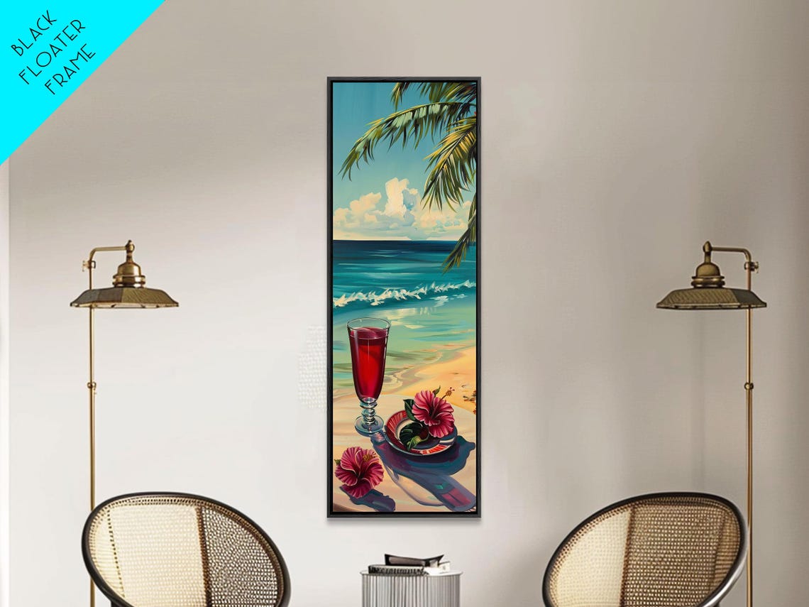 Beach Cocktail Sunset Tropical Hibiscus Palm Ocean Scene Wall Art - Image 4