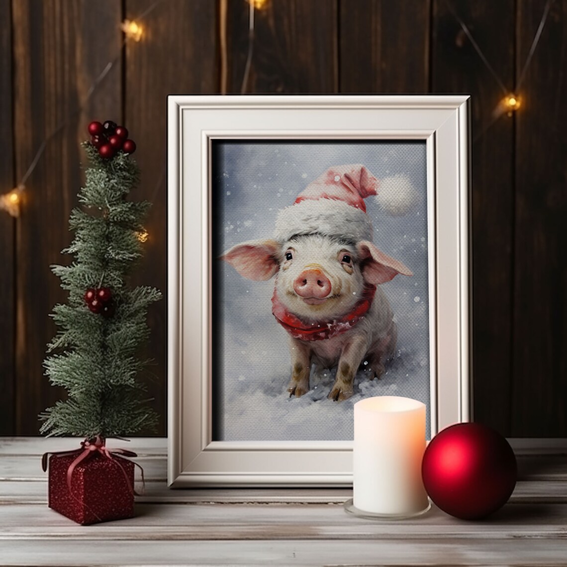 Christmas Pig in a Santa Hat, Vintage Farmhouse Art Print - Image 4