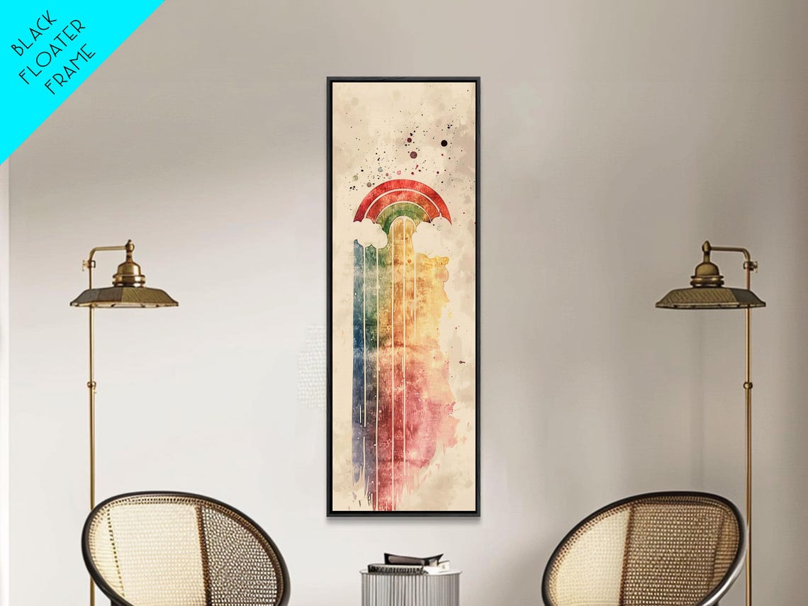 Vintage Inspired Rainbow Waterfall Ukiyo E Art Skinny Framed Print In Neutral Tones - Image 2