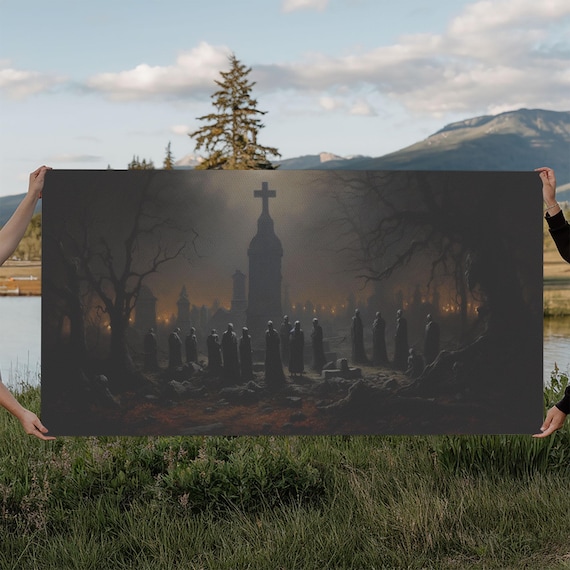 Haunted Graveyard Hooded Figures Dusk Gothic Dark Academia Art Poster