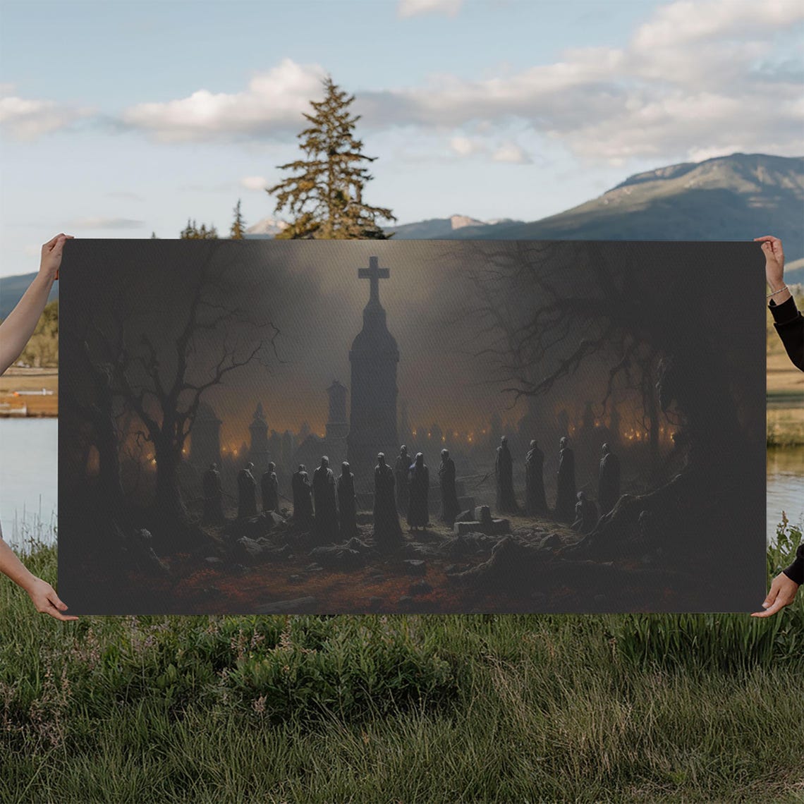 Haunted Graveyard Hooded Figures Dusk Gothic Dark Academia Art Poster