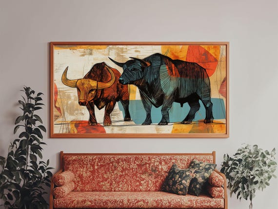 Abstract Bull Duo Framed Print Rustic Wall Art Geometric Bull Art Living Room Decor Bull And Bear Art Rustic Farmhouse Art