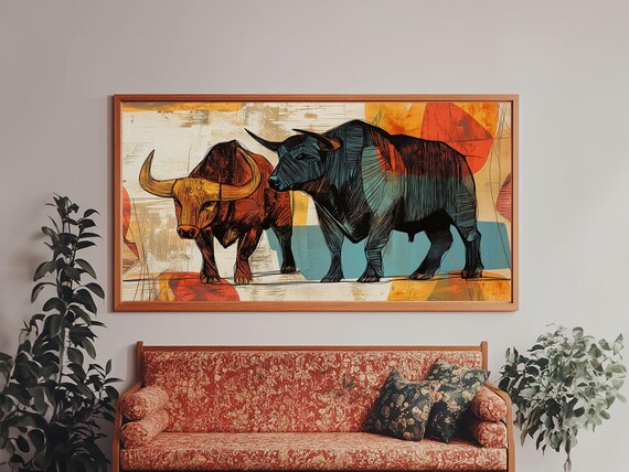 Geometric Bull Duo Abstract Rustic Farmhouse Above Sofa Wall Art Print