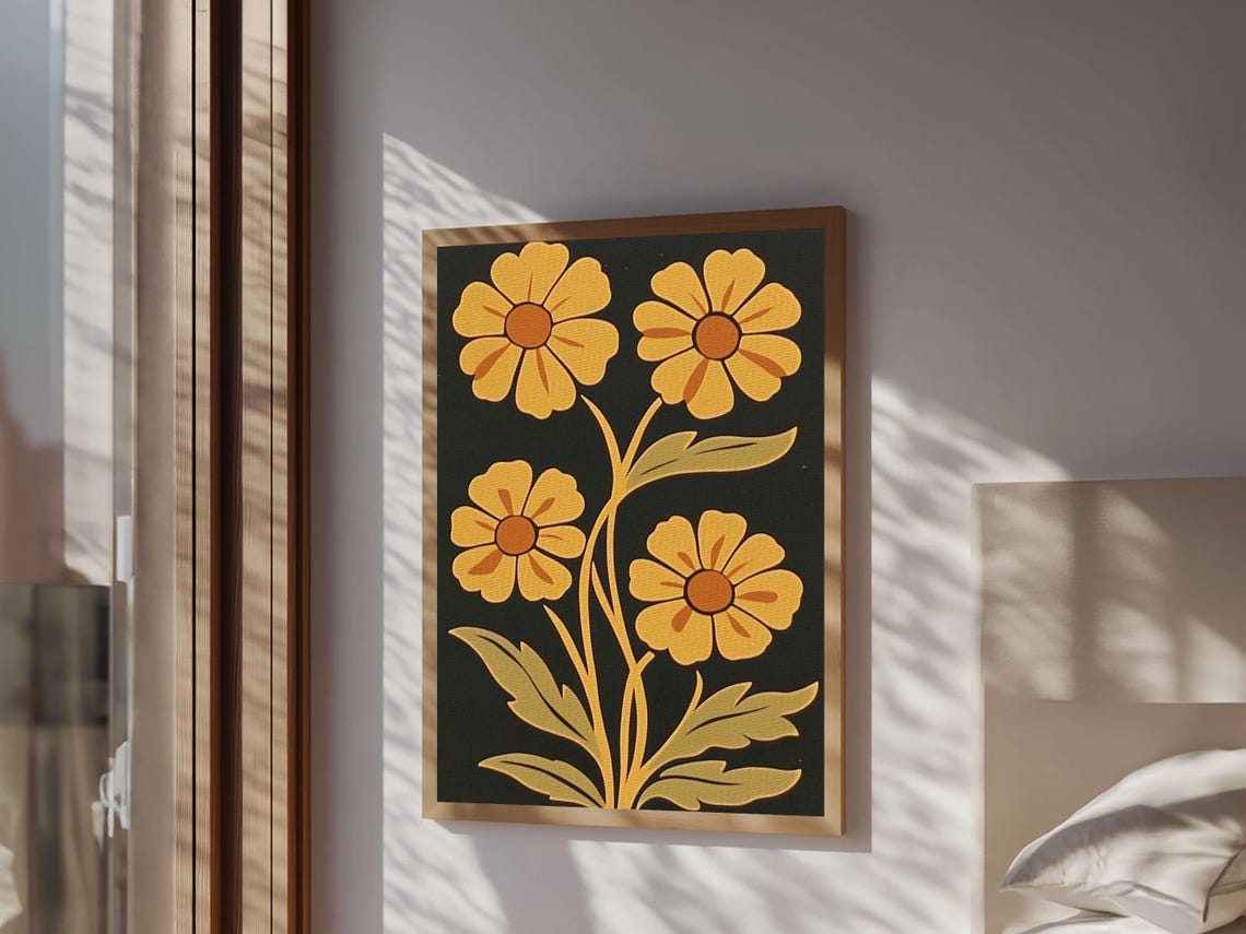 Yellow Daisy Flowers Dark Background Retro Minimalist Floral Art Print - Image 5