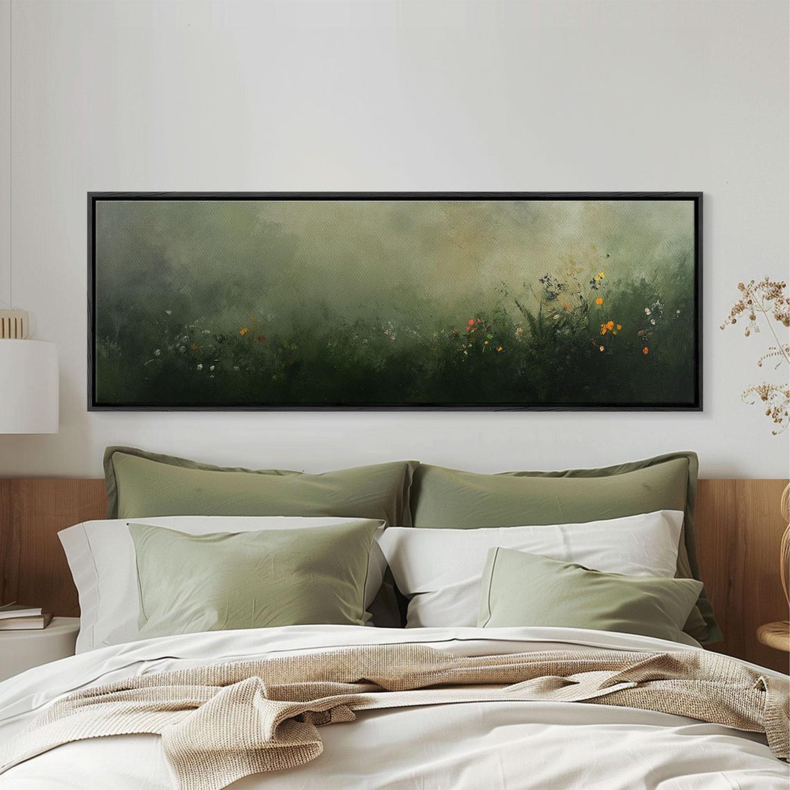 Fog Over Wildflowers Moody Muted Green Panoramic Painting Poster - Image 4