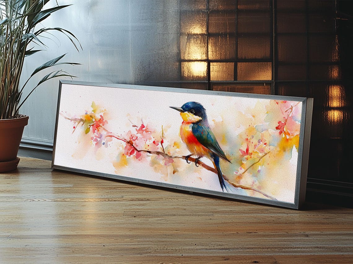 Kingfisher Cherry Blossom Branch Watercolor Bird Art Panoramic Poster