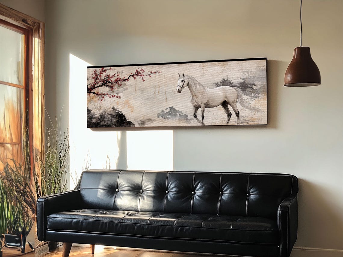 White Horse Cherry Blossom Panoramic Ink Wash Chinoiserie Art Poster - Image 3