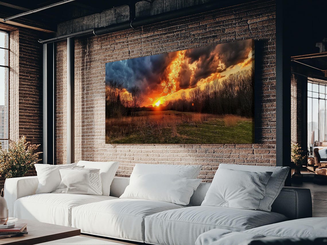 Dramatic Stormy Sunset Over Meadow Treeline Countryside Poster - Image 4