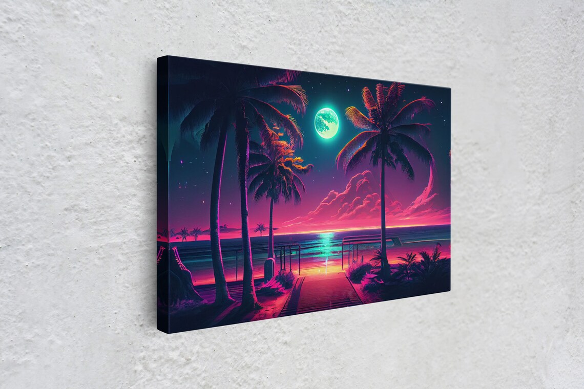 Outrun Style Full Moon Beach, Synthwave Art Print - Image 4