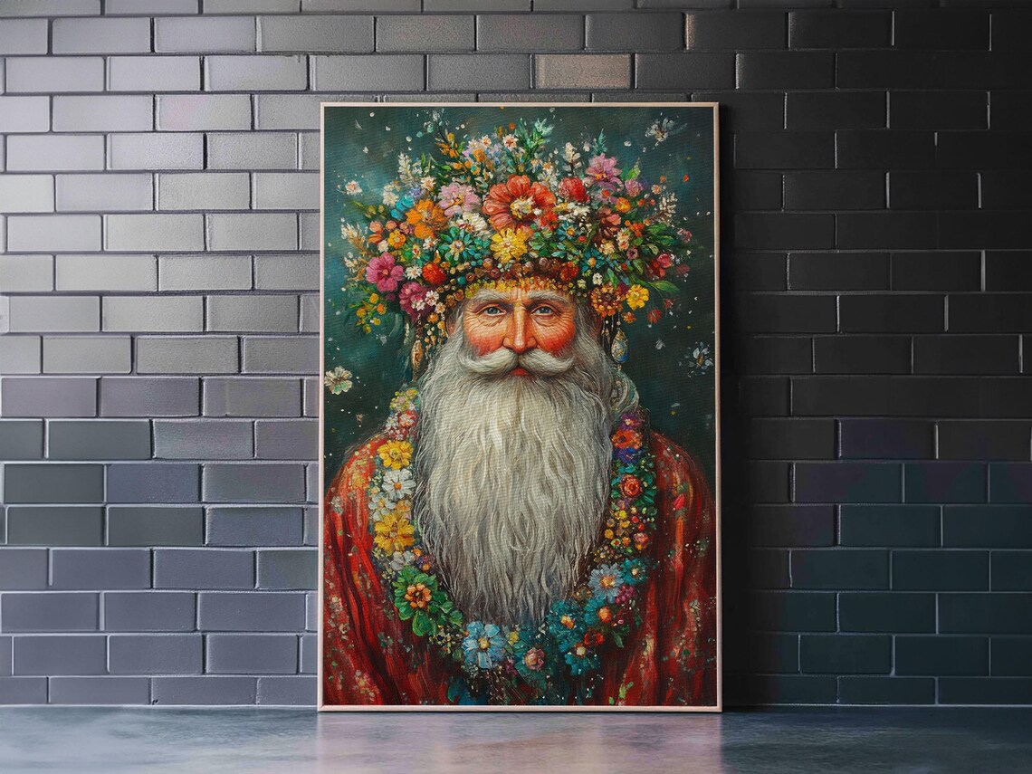 Floral Crown Santa Claus Portrait Vintage Christmas Holiday Art Poster - Image 5