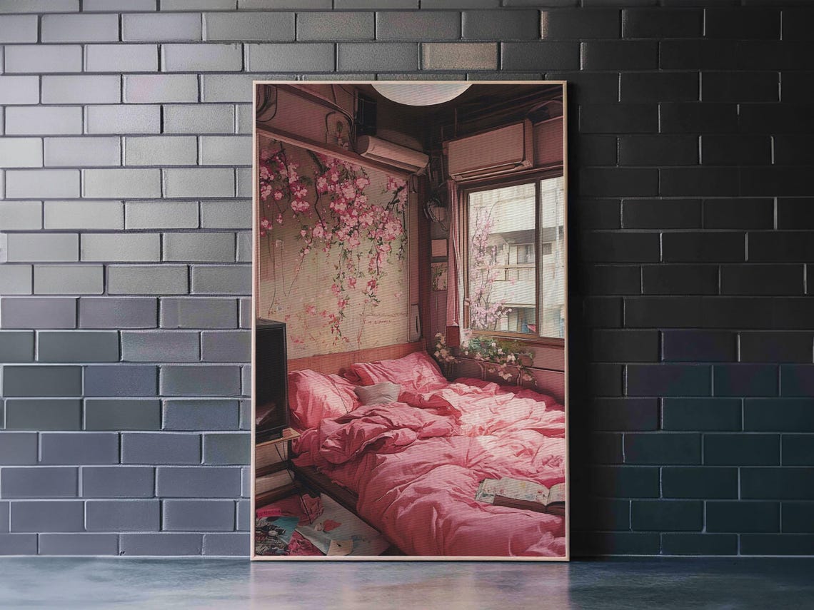 Cozy Pink Bedroom Cherry Blossom Dreamy Interior Room Art Wall Poster