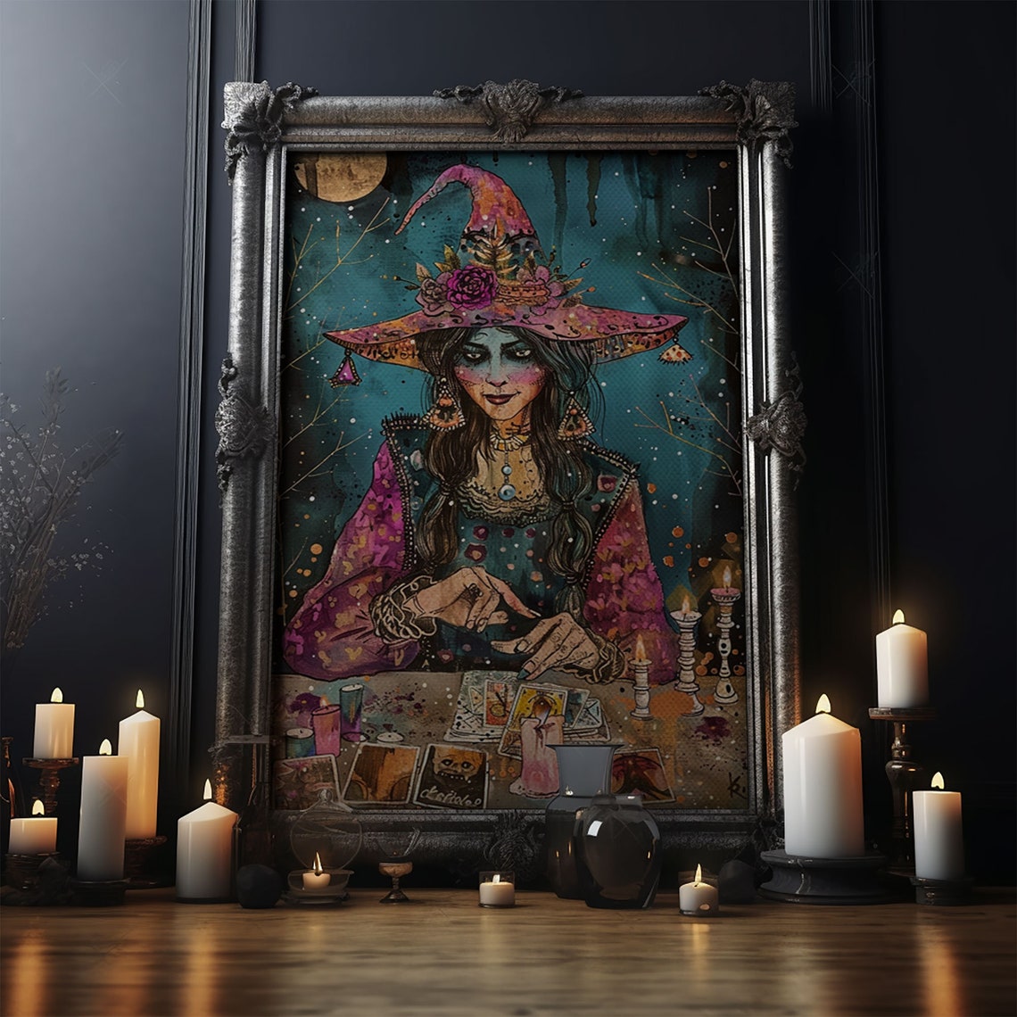 Witch Fortune Teller Tarot Cards Pink Hat Halloween Art Poster - Image 4