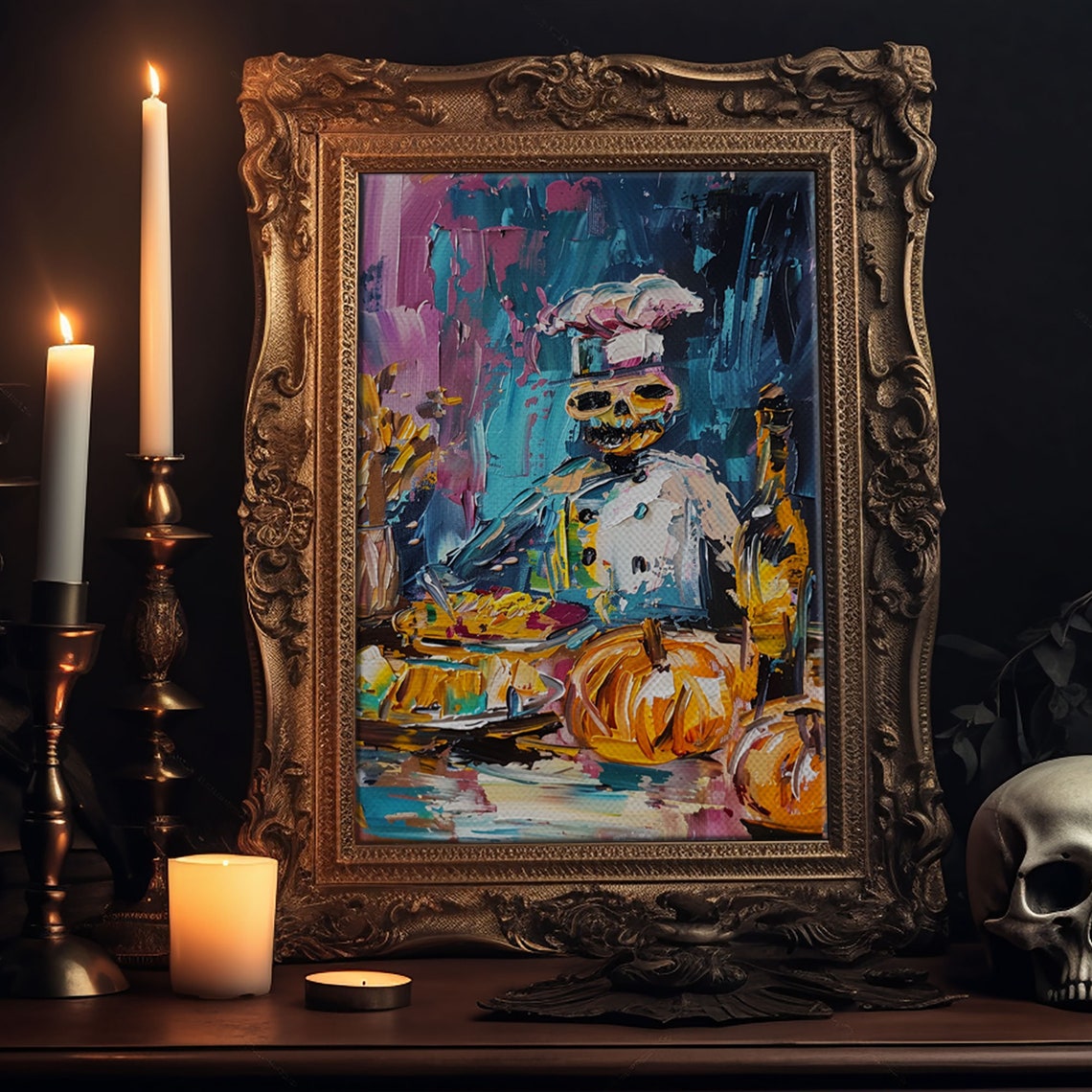 Skeleton Chef Cooking Pumpkins Colorful Impasto Kitchen Art Poster - Image 6