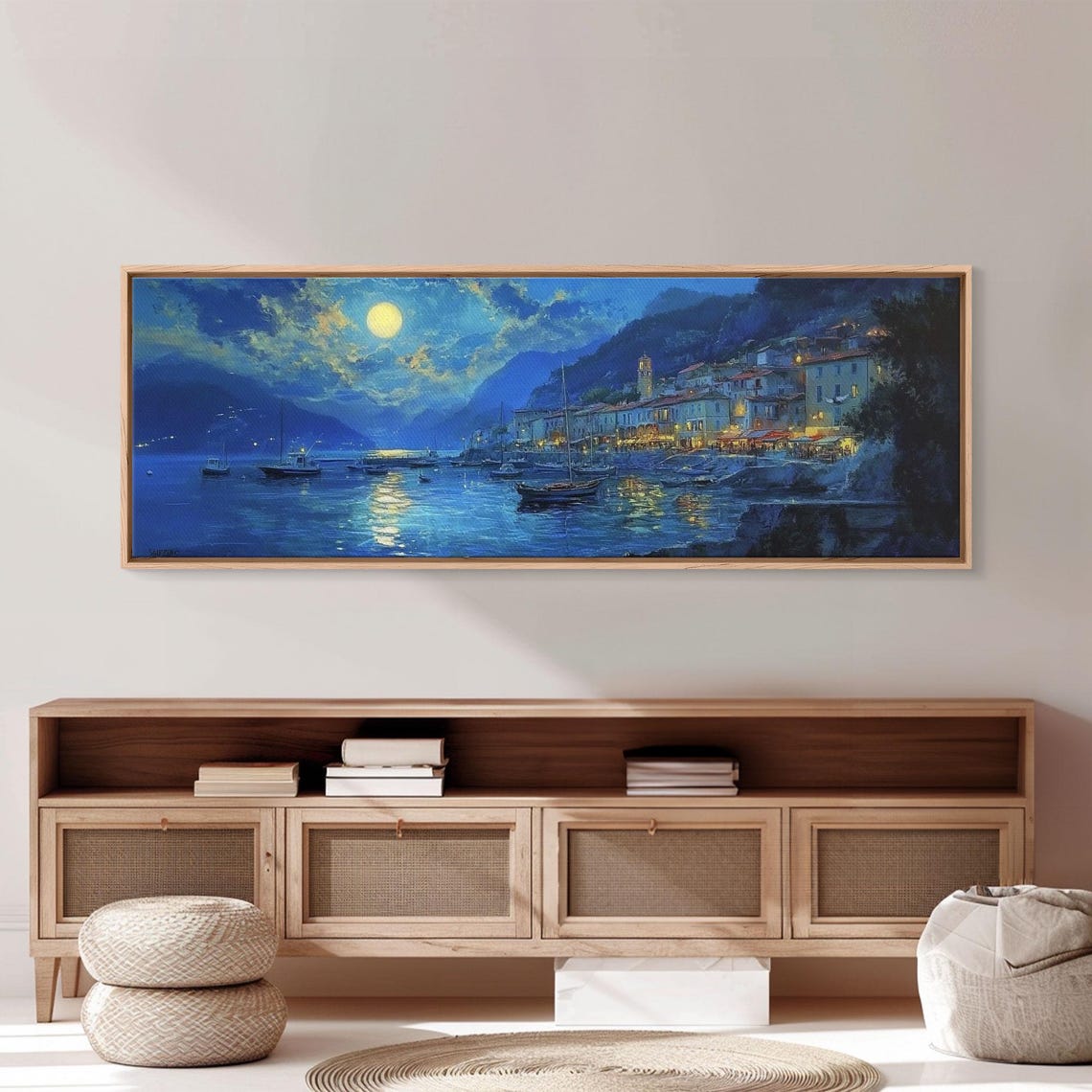 Midnight Full Moon Over Italian Coastal Harbor Night Lights Poster - Image 2