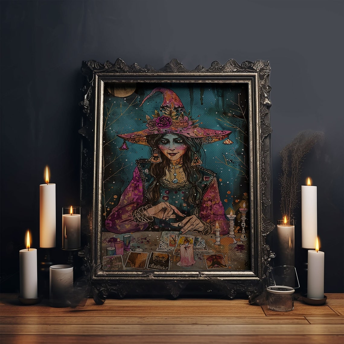 Witch Fortune Teller Tarot Cards Pink Hat Halloween Art Poster - Image 5