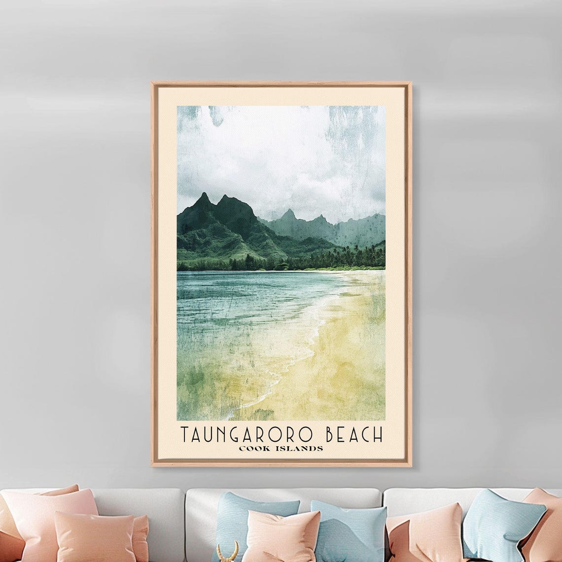 Taungaroro Beach Cook Islands Green Peaks Pale Lagoon Shore Poster - Image 2