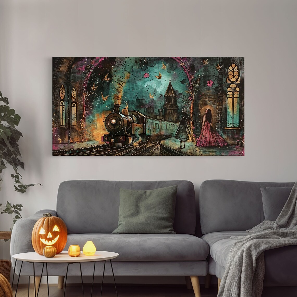 Spooky Steam Train Gothic Station Night Woman Red Dress Dark Academia Wall Art - Image 4