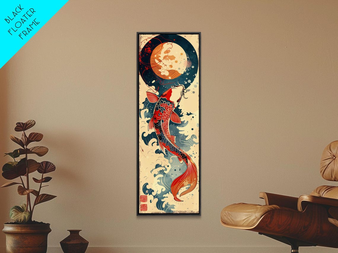 Vibrant Red Koi Fish Swimming Toward Moon Japanese Art Print - Image 4