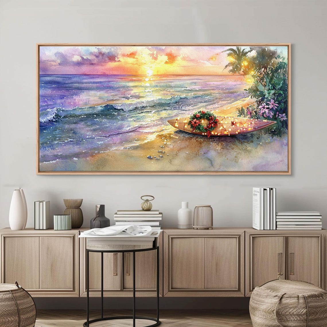 Christmas Surfboard Beach Sunset Wreath Lights Tropical Holiday Poster - Image 3
