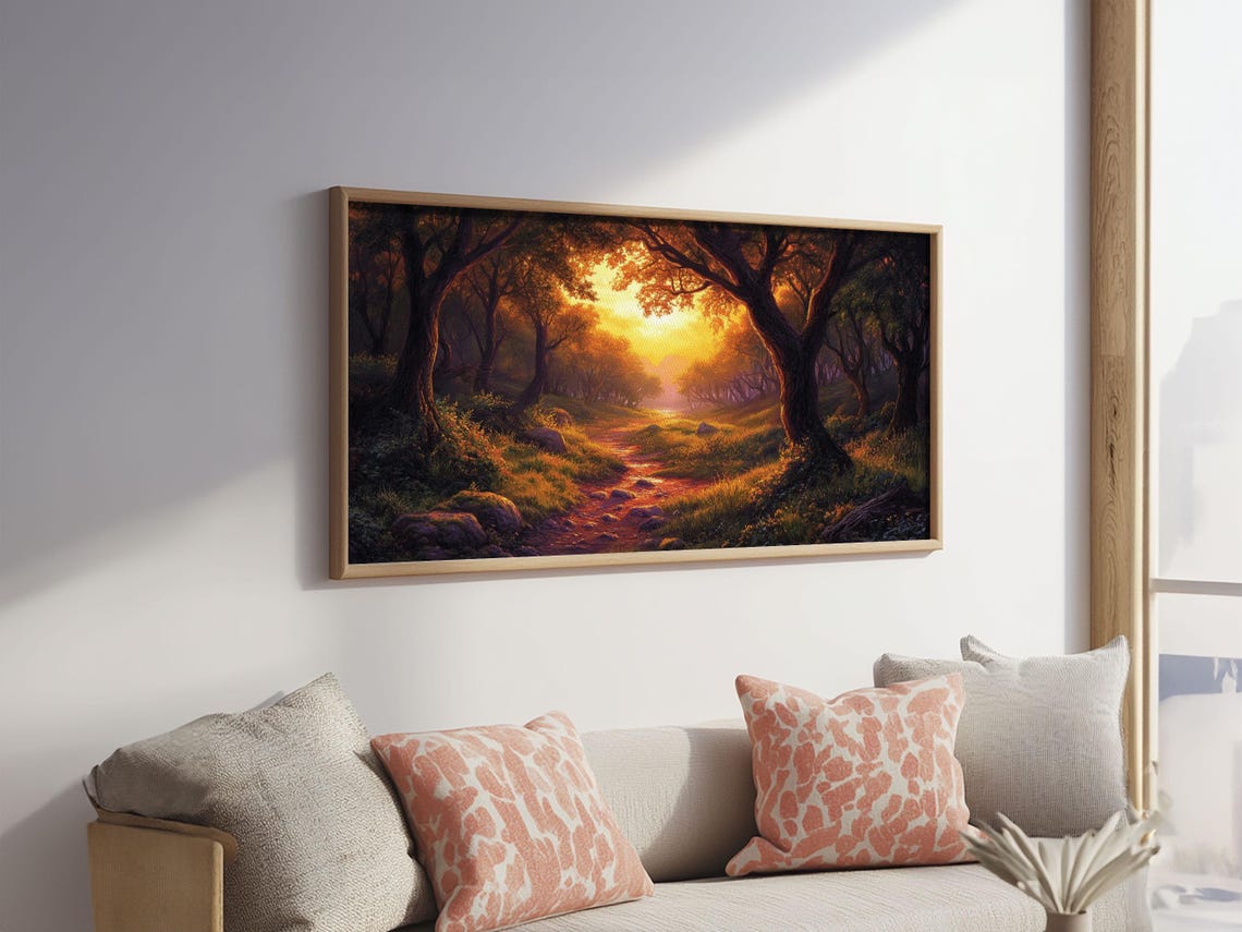 Enchanted Forest Path Golden Sunset Fantasy Landscape Art Poster - Image 4