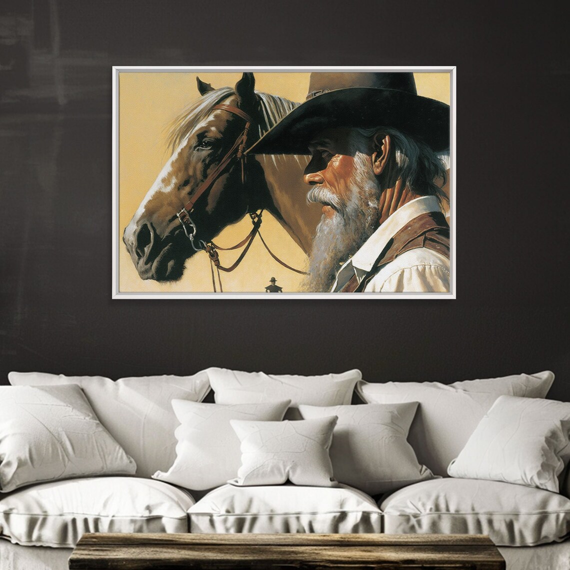 Old Bearded Cowboy With Horse Vintage Western Oil Painting Poster - Image 3