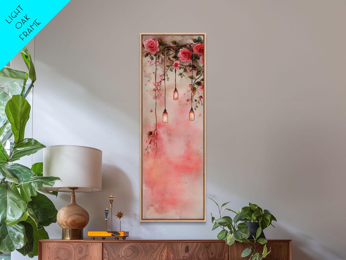 Pink Roses Hanging Lanterns Romantic Watercolor Boho Art Poster