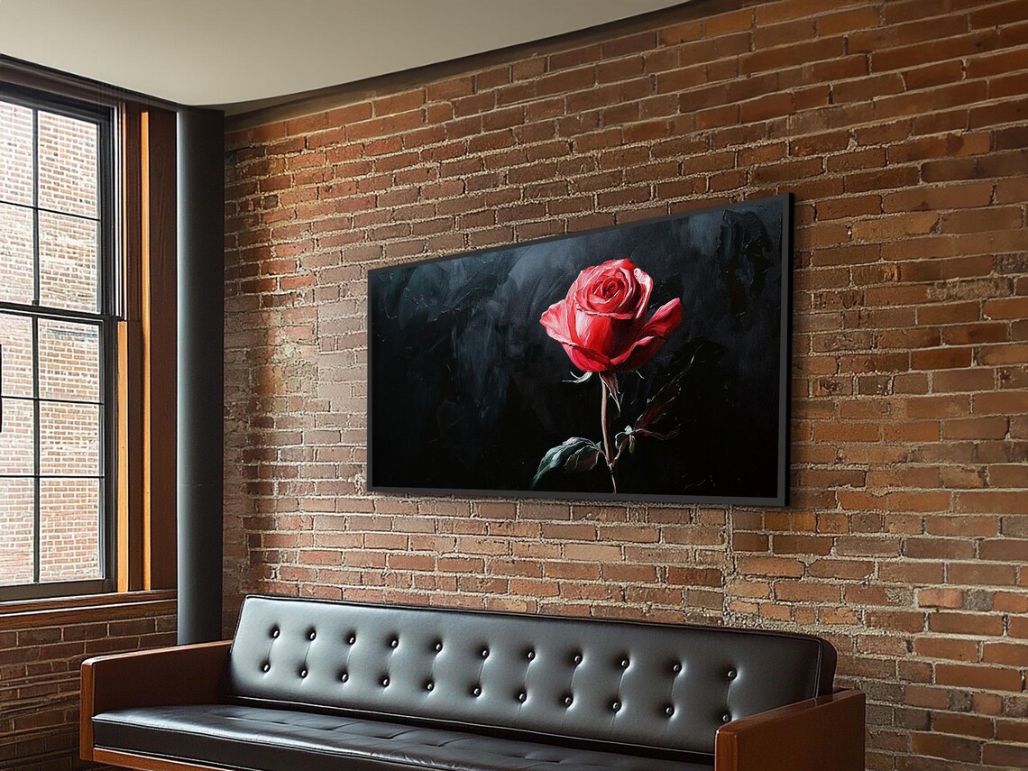 Moody Red Rose Oil Painting Single Flower on Black Background Poster - Image 3