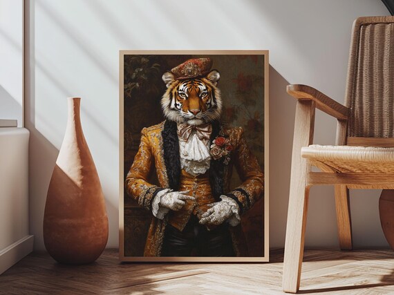 Dapper Tiger Gentleman Portrait Gold Brocade Suit Whimsical Animal Wall Art