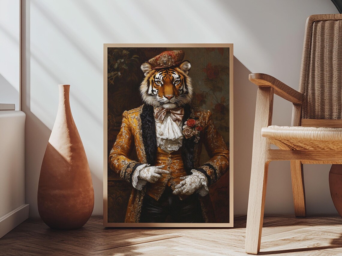 Dapper Tiger Gentleman Portrait Gold Brocade Suit Whimsical Animal Wall Art