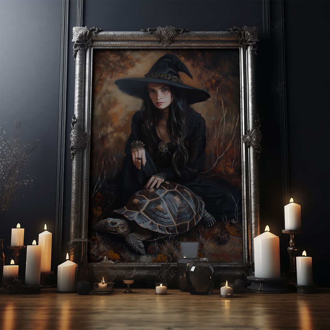 Witch And Tortoise In Autumn Forest Enchanting Dark Fantasy Art Poster - Image 5