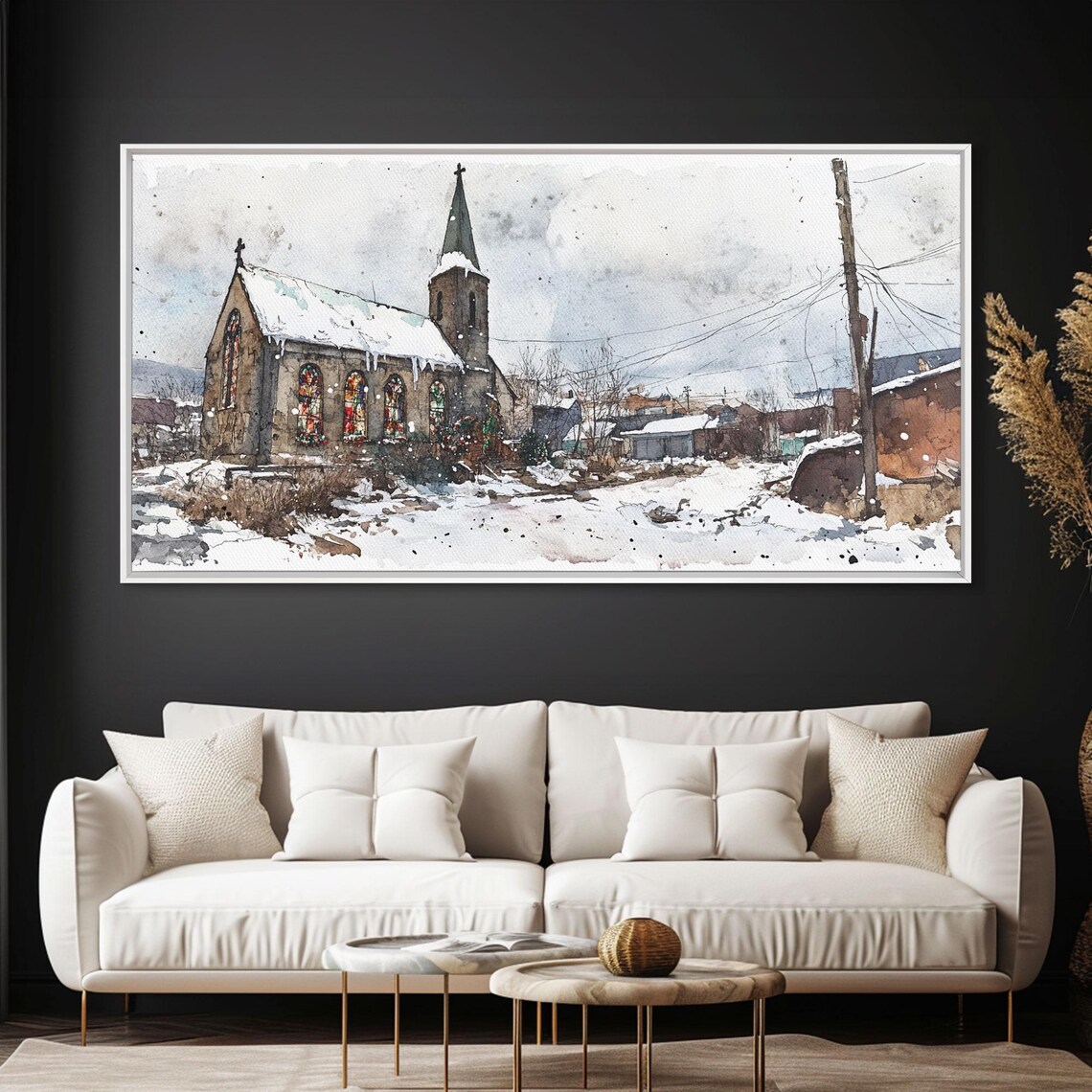 Snowy Old Stone Village Church Stained Glass Winter Art Print - Image 5