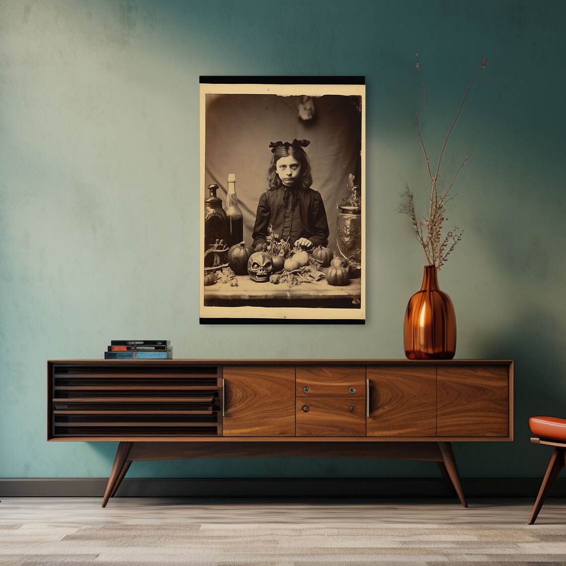 Spooky Vintage Photograph Girl Skulls Pumpkins Apothecary Gothic Decor Poster - Image 5