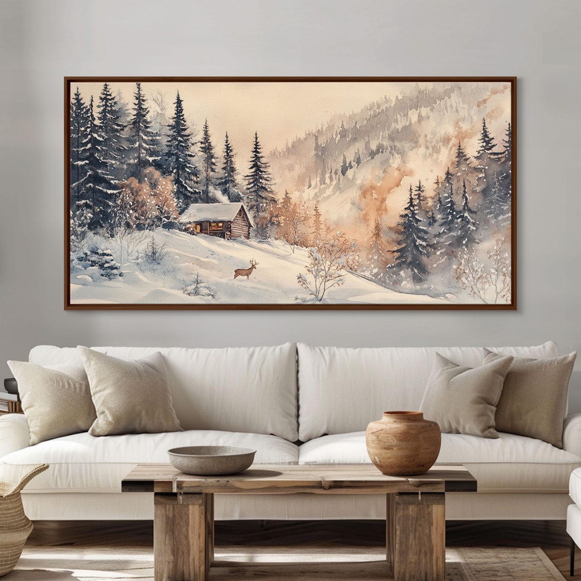 Winter Cabin Snow Forest Deer Misty Mountain Cozy Holiday Night Poster - Image 2