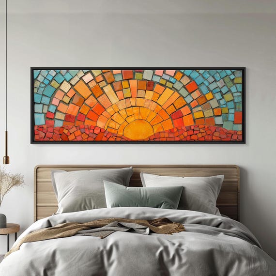 Wood Framed Mid Century Modern Wall Art Sunset Mosaic Tiles Print Horizontal Modern Wall Art Panoramic Above Bed Decor Boho Wall Art