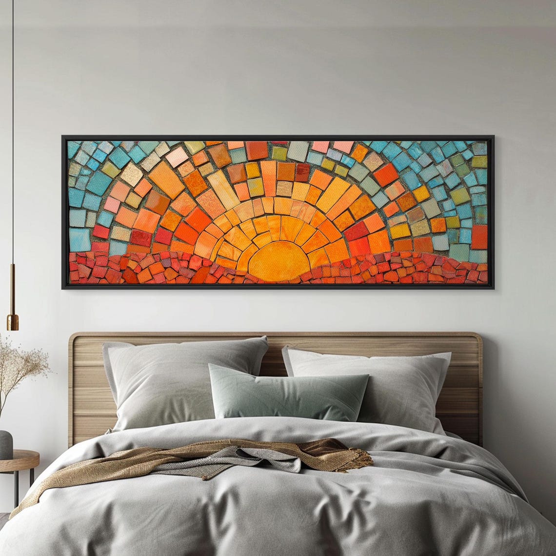 Mosaic Sunset Orange Sunburst With Turquoise Tiles Wall Poster