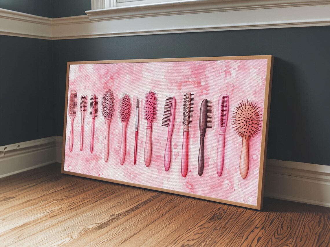 Pink Hairbrushes Collection Watercolor Vanity Beauty Salon Wall Poster - Image 2