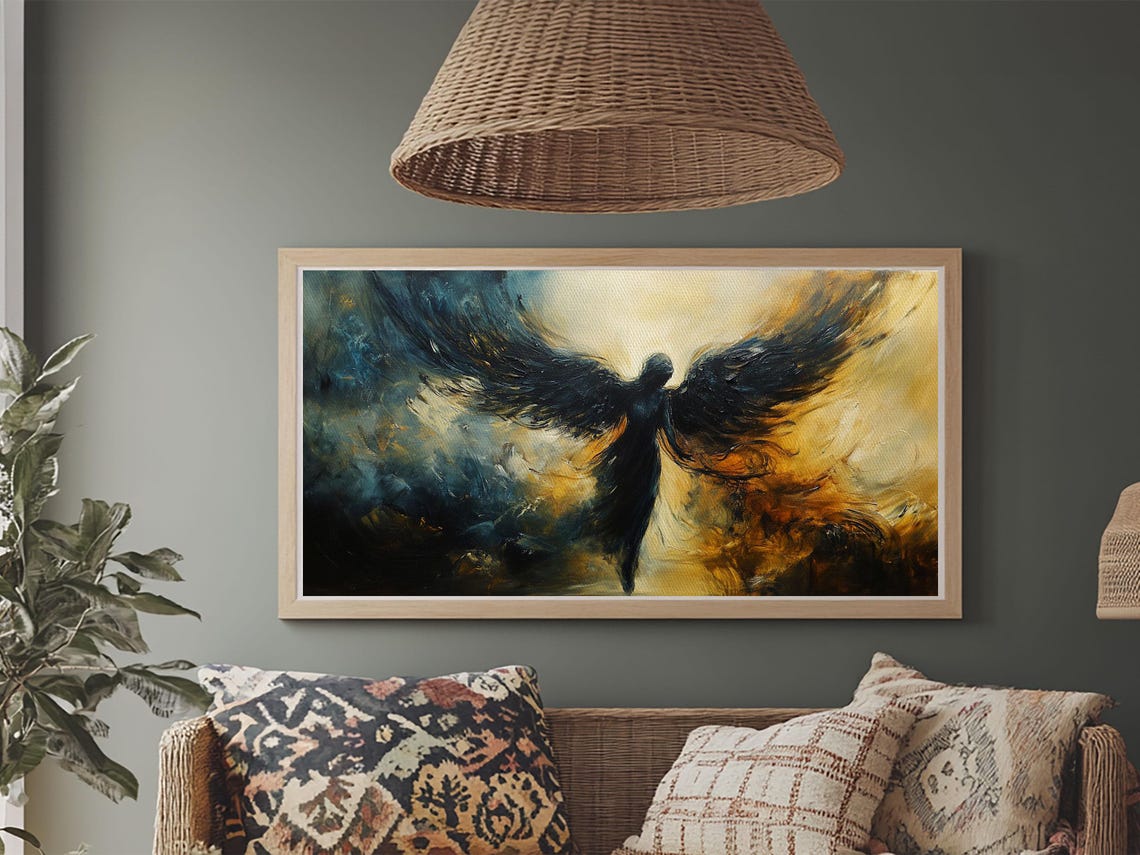 Dark Angel Black Wings Rising Golden Clouds Gothic Fantasy Art Poster