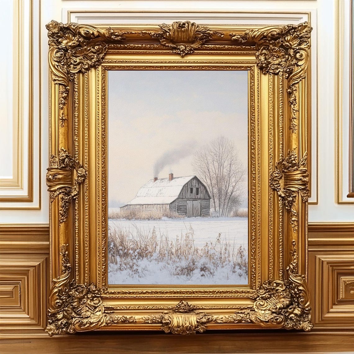 Rustic Old Barn Snowy Field Winter Dusk Minimalist Country Art Poster - Image 2