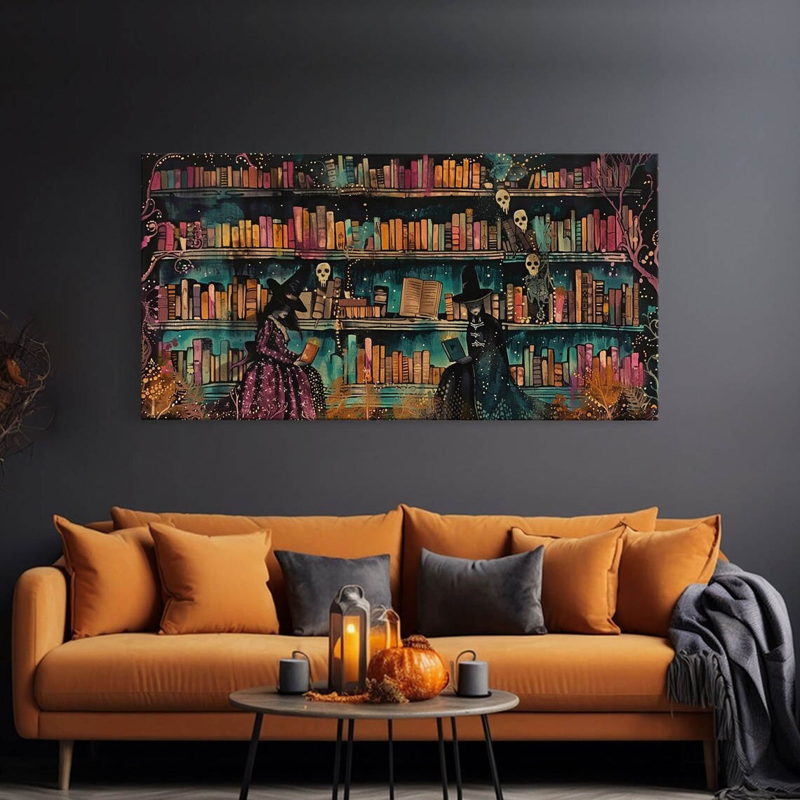 Witch Library Two Witches Colorful Bookshelves Skulls Spooky Halloween Print - Image 3