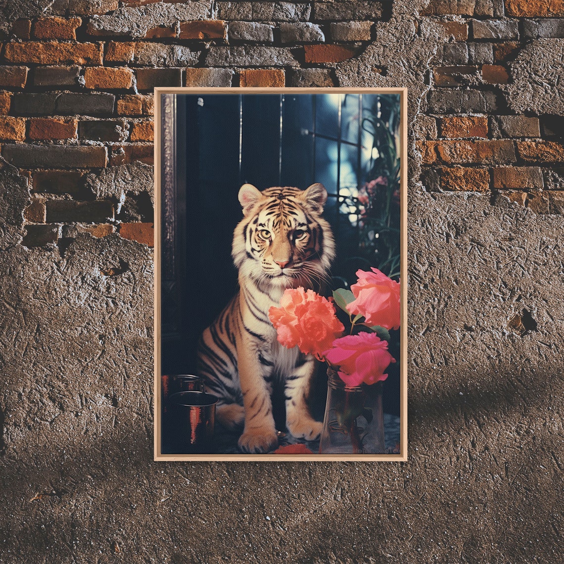 Adorable Tiger Cub With Pink Roses Moody Floral Photography Poster - Image 6