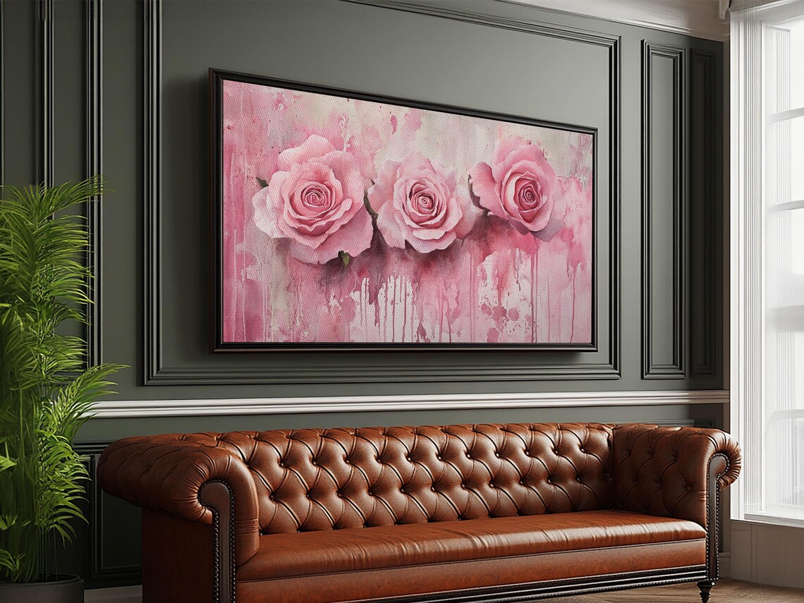 Blush Pink Roses Trio Watercolor Drip Floral Romantic Wall Poster