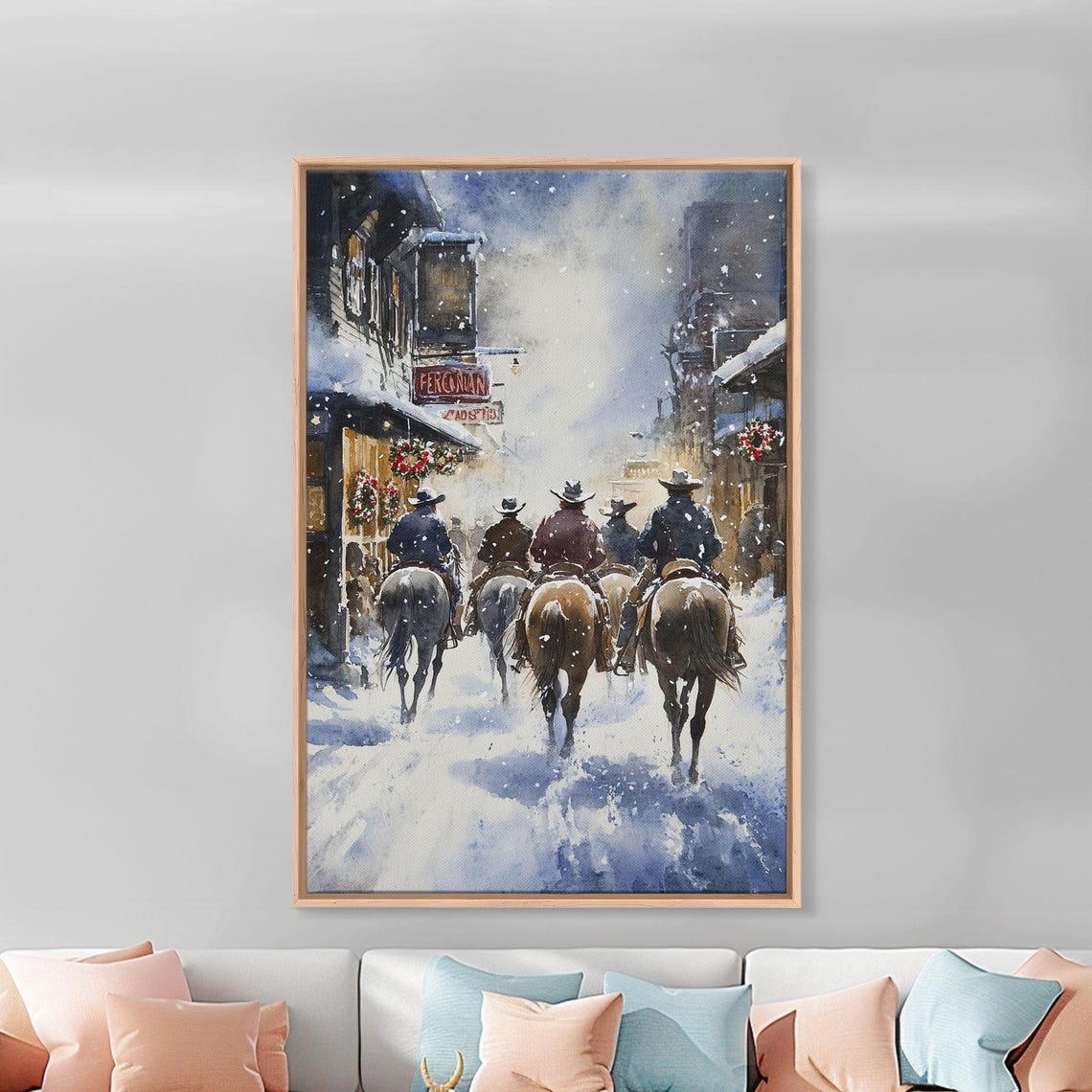 Cowboys Riding Into Snowy Western Town At Christmas Time Poster