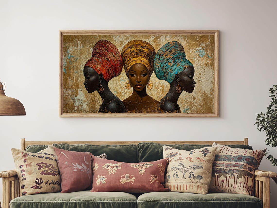 African Women Colorful Headwraps Gold Textured Afrocentric Art Poster - Image 3