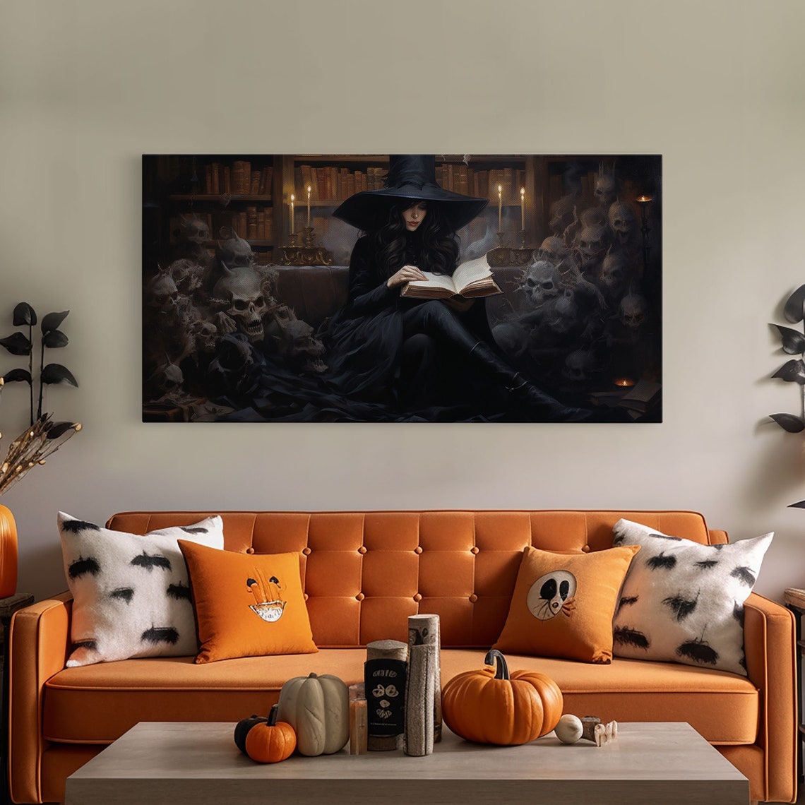 Witch Reading Spell Book In Library Of Skulls Gothic Panoramic Print - Image 4