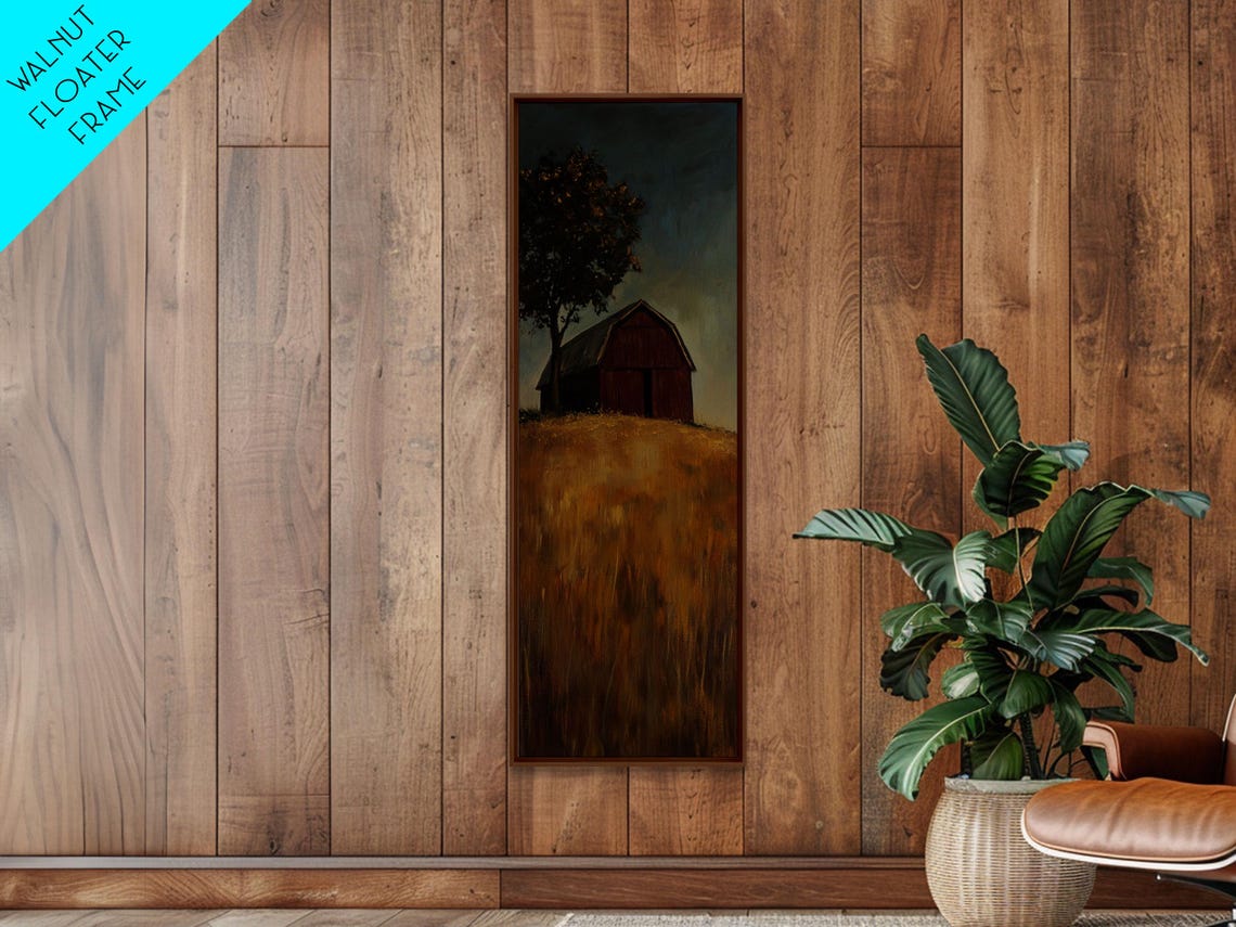 Red Barn On Golden Hill At Dusk With Lone Tree Rustic Art Poster - Image 3