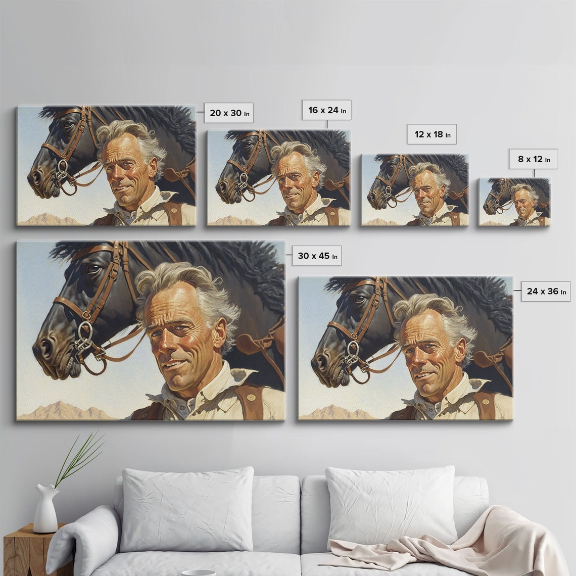 Weathered Cowboy Portrait Black Horse Desert Mountains Western Poster - Image 2