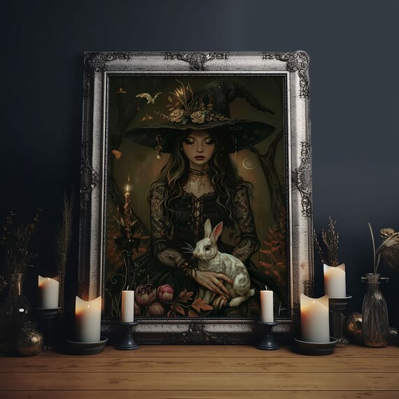 Beautiful Witch With White Rabbit Candles Enchanted Forest Art Poster