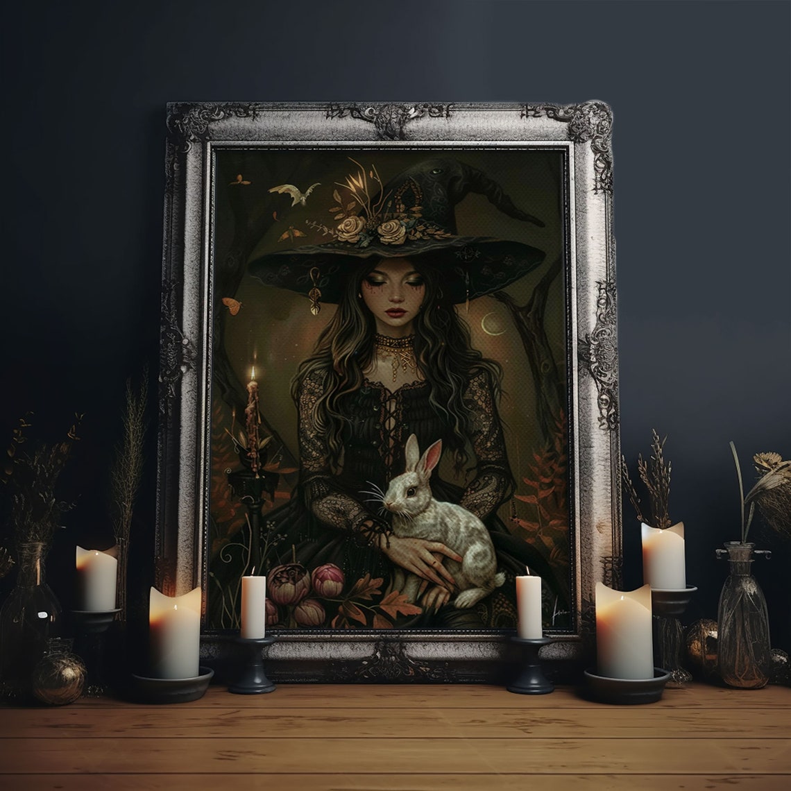 Beautiful Witch With White Rabbit Candles Enchanted Forest Art Poster