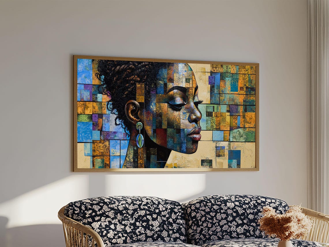 African Woman Mosaic Portrait Geometric Blue Gold Abstract Art Poster - Image 3