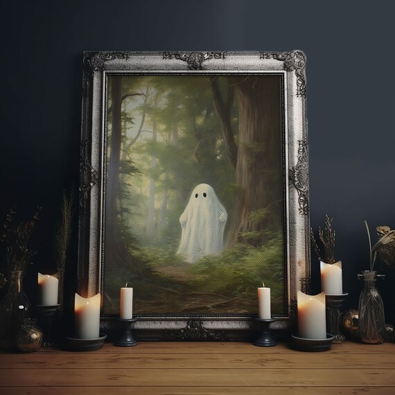 Cute Little Ghost In Misty Green Forest Vintage Spooky Art Poster